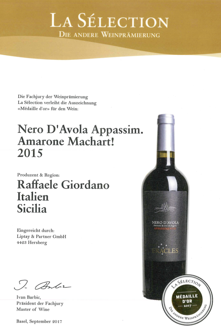 Médaille d'Or Nero d'Avola Appassimento IGT 2022 Sizilien