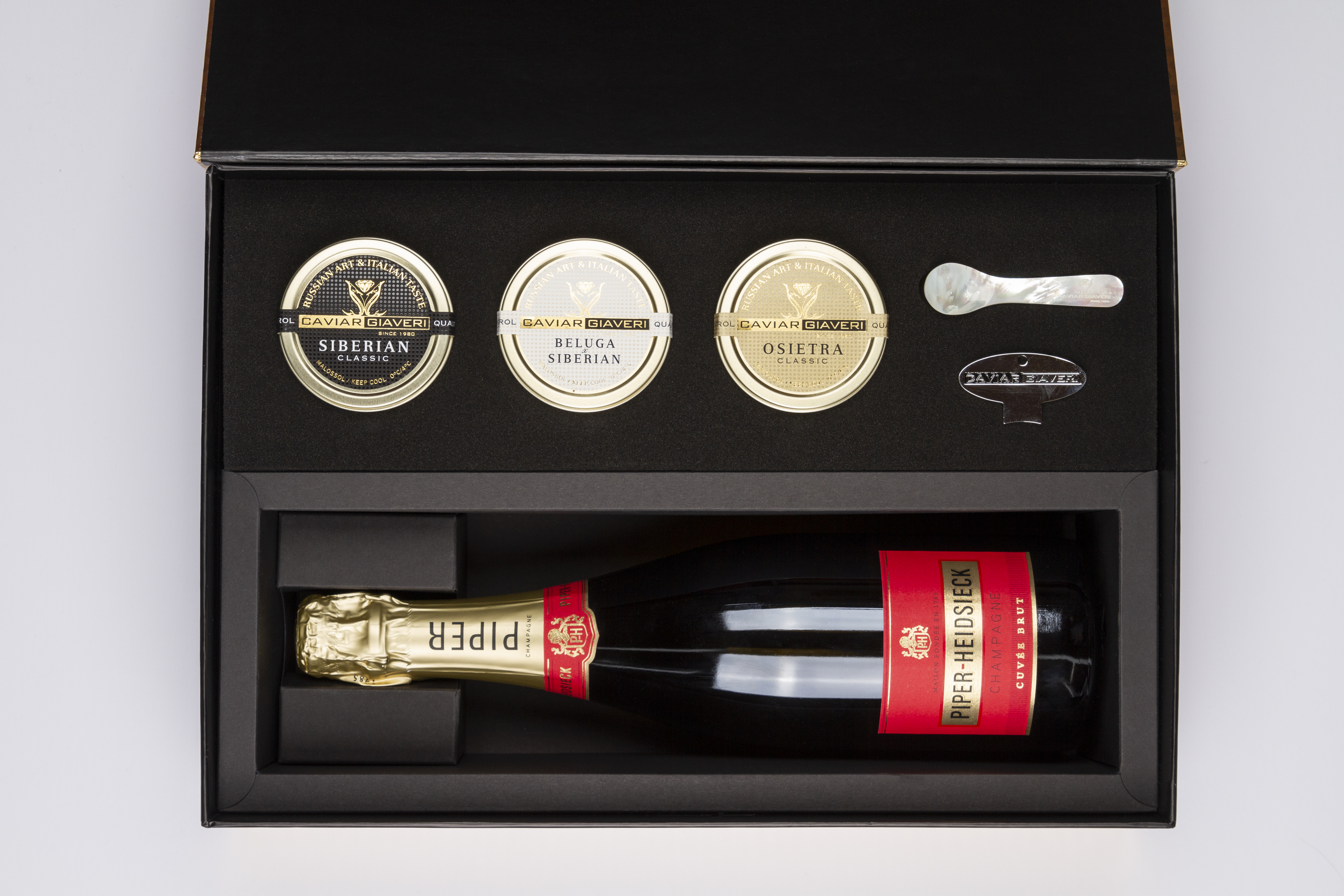 Beluga Osietra Siberian Kaviar Geschenkset mit Champagner "Golden Box"