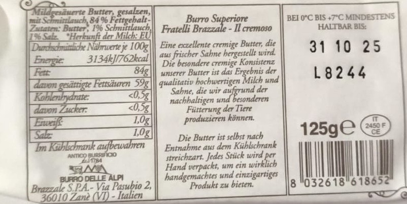 Premium Schnittlauch Butter gesalzen Rohrahm burro superiore 2X125gr