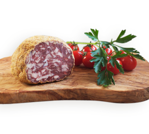 Hirschsalami in Polentamehl-Mantel geräuchert