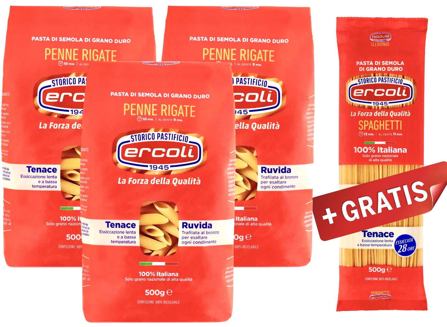 Angebot 3 Penne +1 Spaghetti Gratis trafilati al Bronzo 100% Italienische Hartweizengrieß