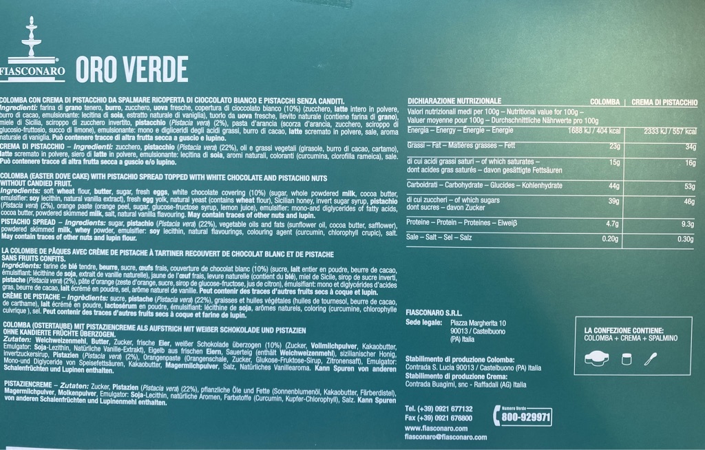 Colomba Oro Verde 1kg + Pistazien Creme 180g + Messer