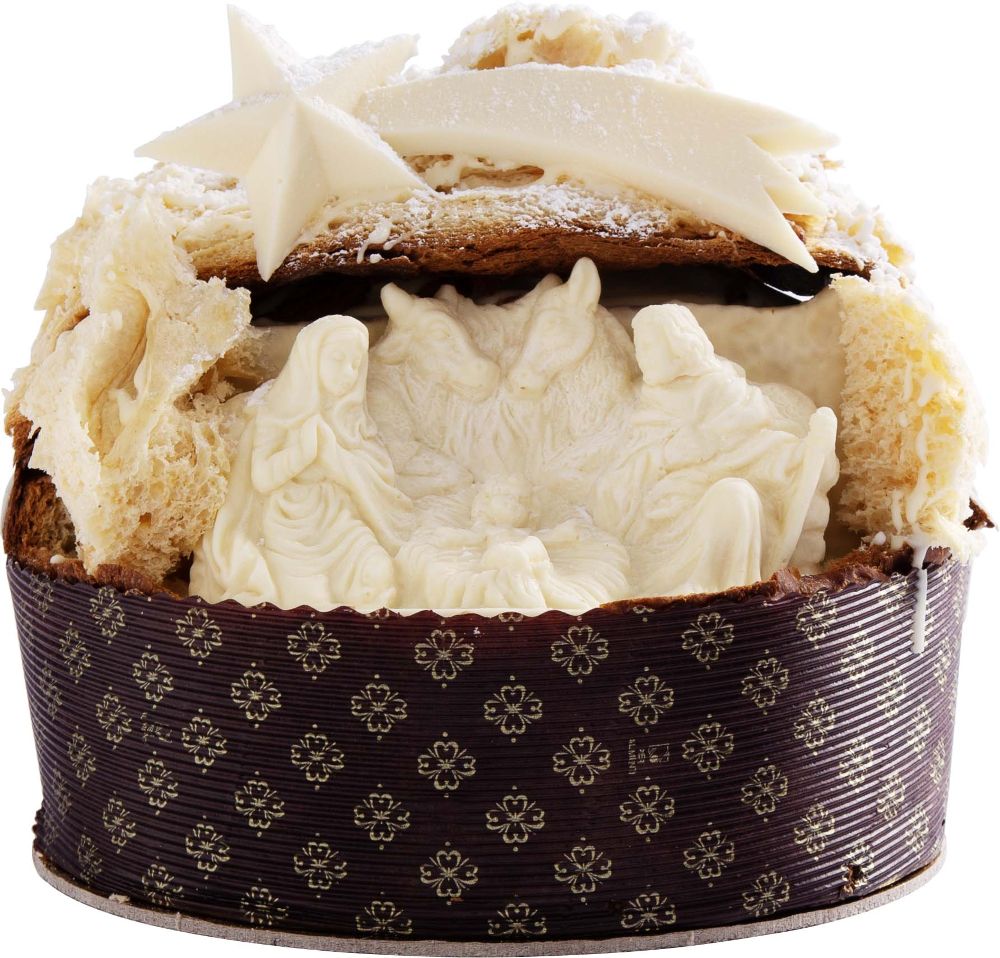 Rarität! Panettone mit handgeschnitzer Krippe aus Schokolade