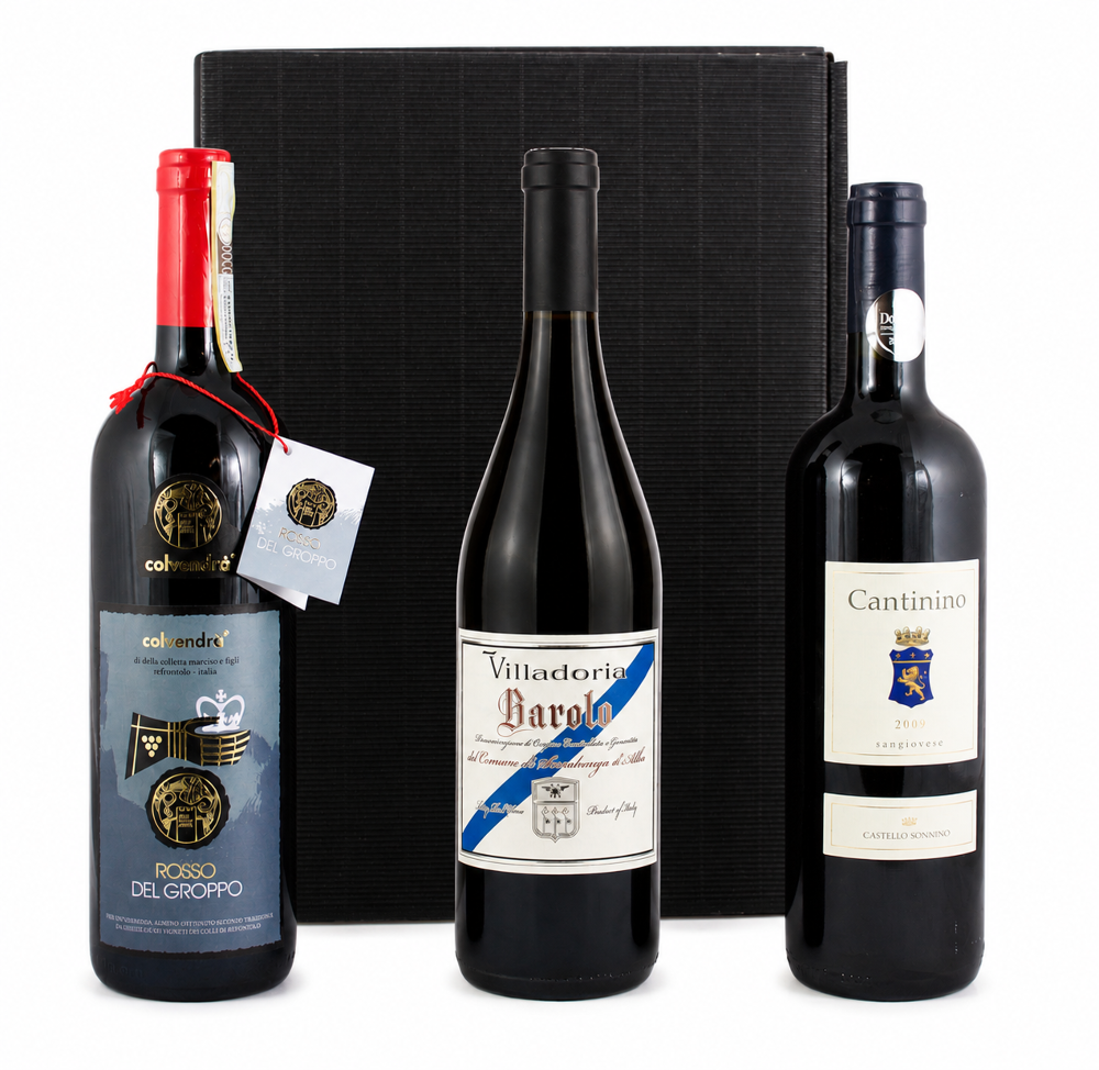 3er Luxus Rotwein Geschenkset Barolo, Rosso del Groppo, Cantinino