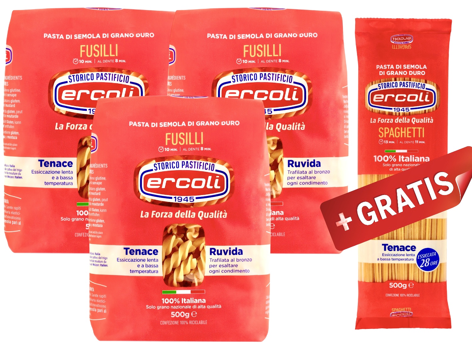 3 Fusilli + 1 Spaghetti Gratis trafilati al Bronzo 100% Italienische Hartweizengrieß