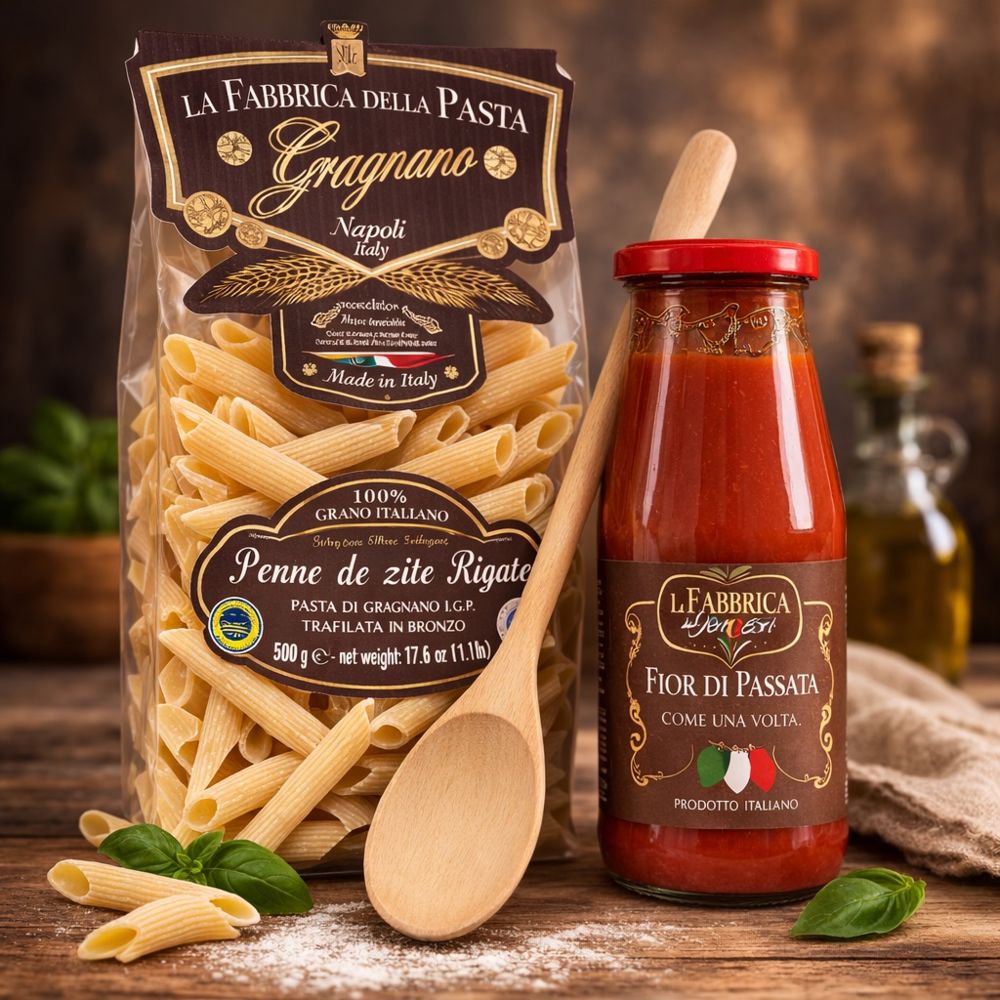 Pasta-Set Penne di Gragnano IGP mit Tomatensoße und Holzlöffel