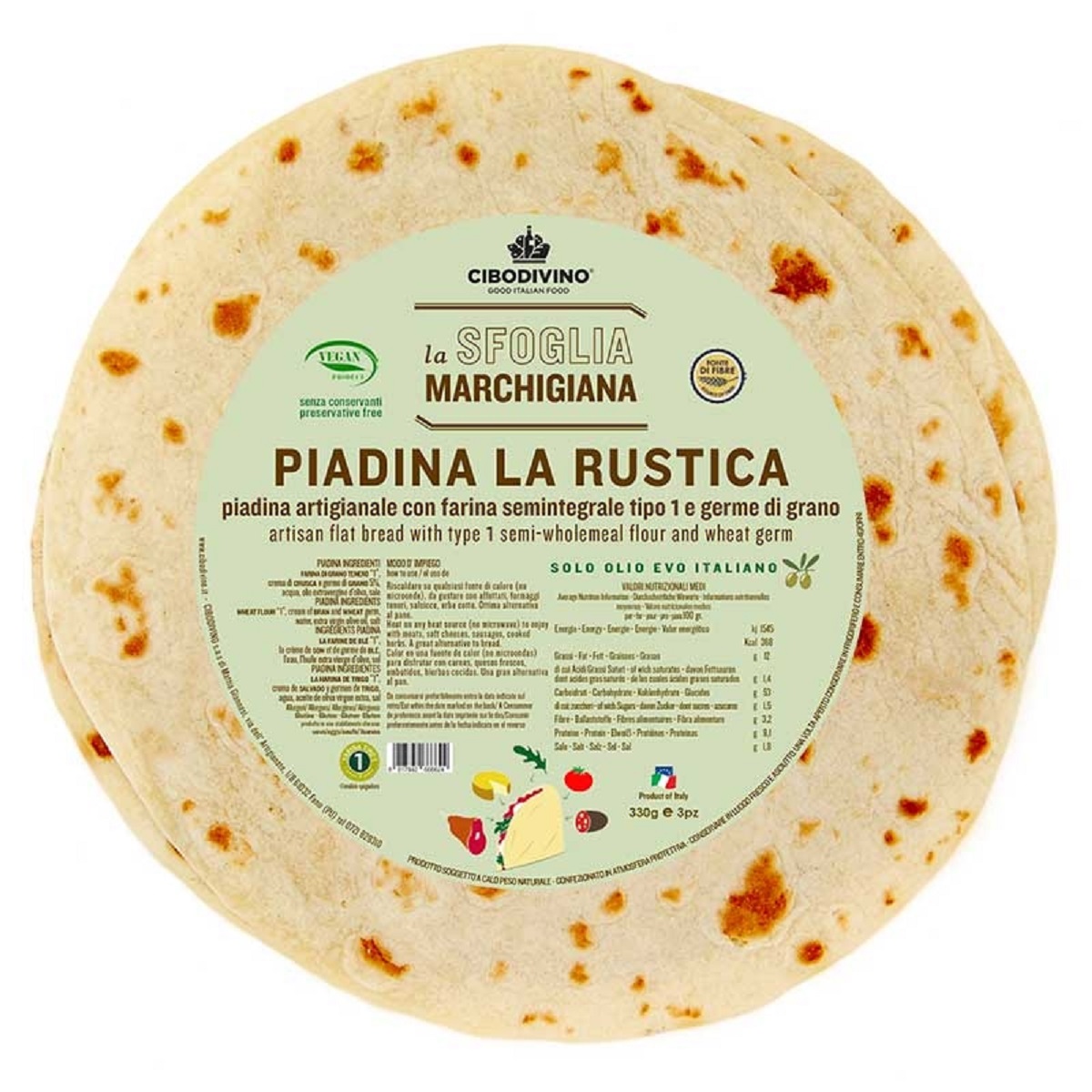 3X110g Piadina la Rustica mit Olivenöl und Halbvollkornmehl