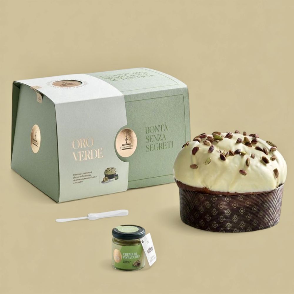 Fiasconaro Panettone Oro Verde 1kg + Crema Pistazien 180g + Messer