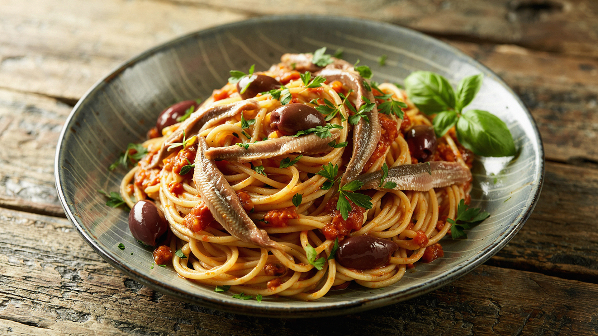 Spaghetti alla Mediterranea mit getrockneten Tomaten, Anchovis und Taggiasca-Oliven
