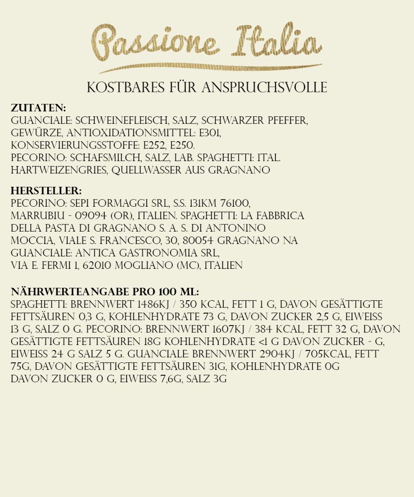 Set Zutaten Spaghetti Carbonara – Spaghetti, Guanciale, Pecorino