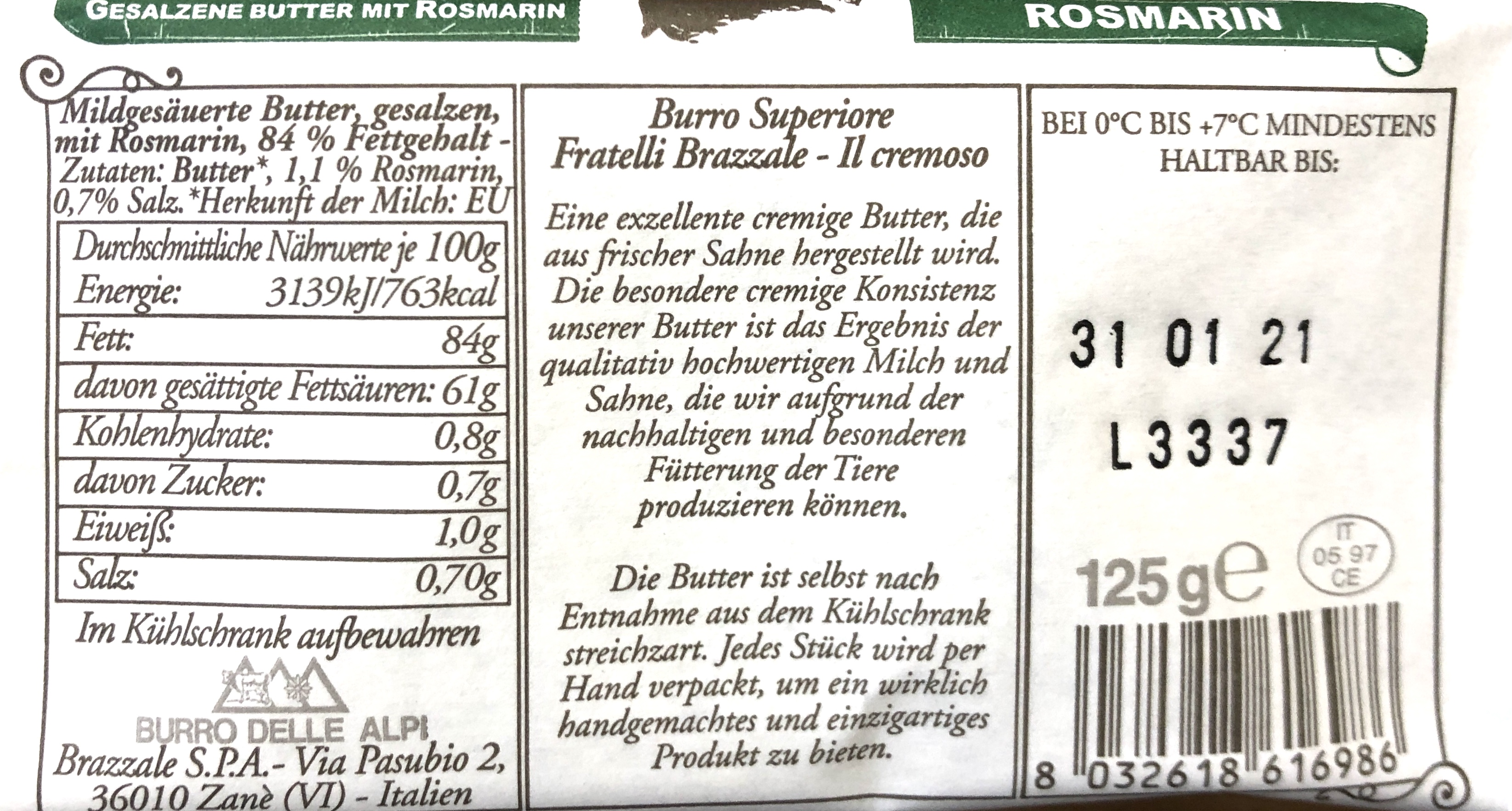 Premium Butter aus Rohrahm burro gesalzen Rosmarin