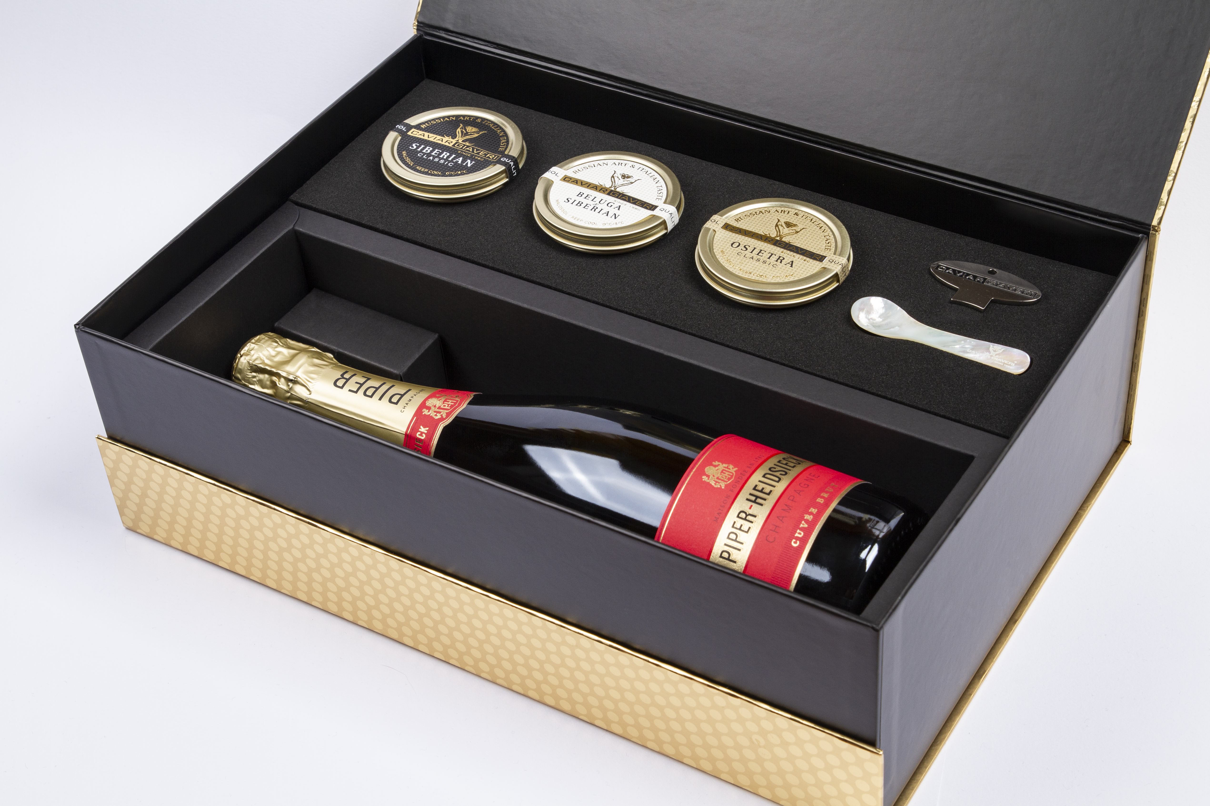 Beluga Osietra Siberian Kaviar Geschenkset mit Champagner "Golden Box"