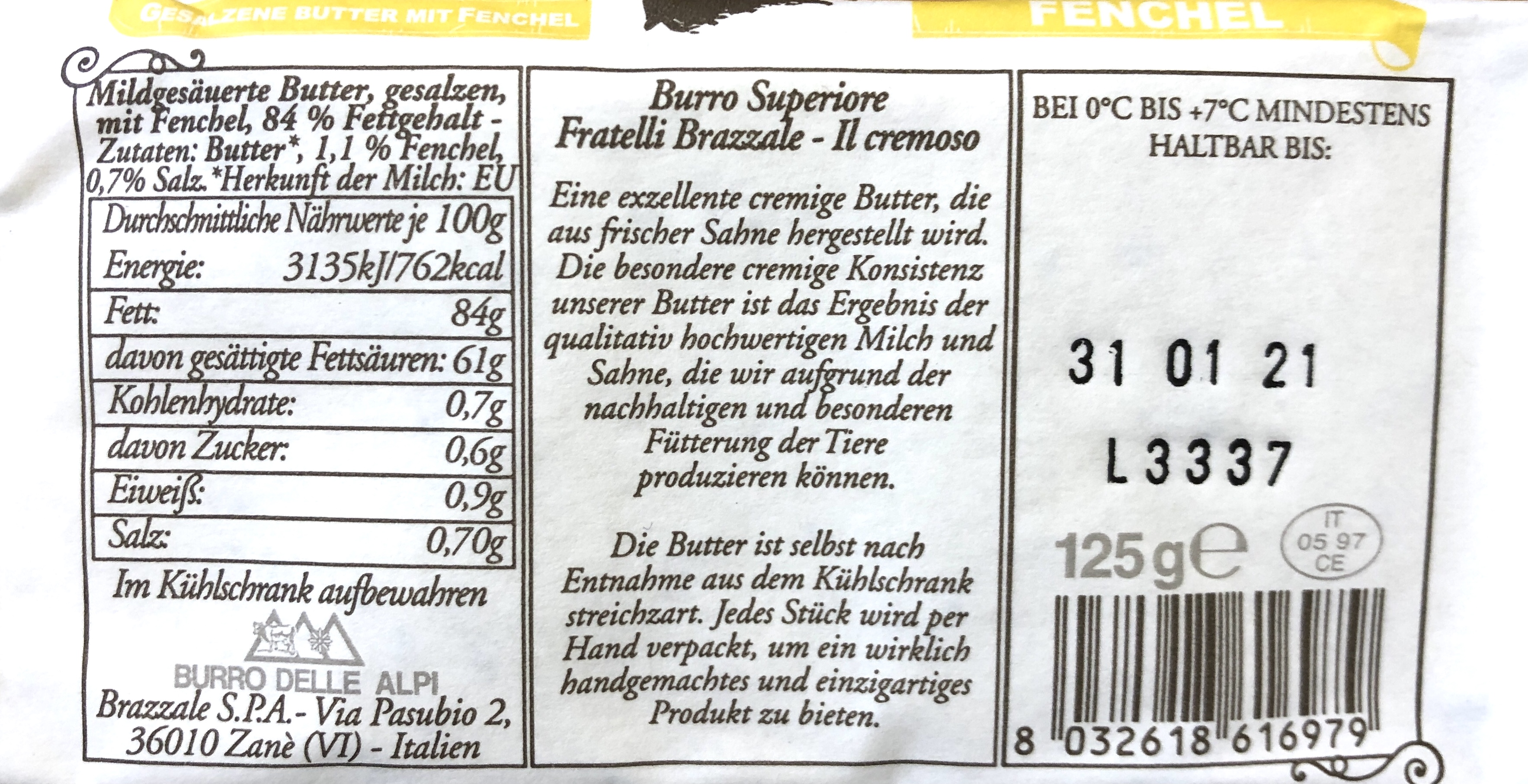 Premium Butter aus Rohrahm burro gesalzen Fenchel