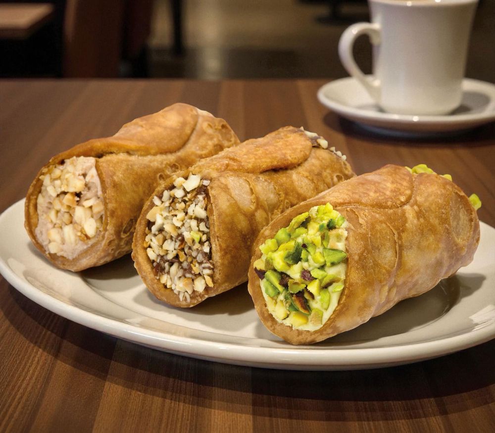 Original sizilianische Cannoli gefüllt Pistazie, Haselnuss, Nougat Original sizilianische Cannoli gefüllt Pistazie, Haselnuss, Nougat