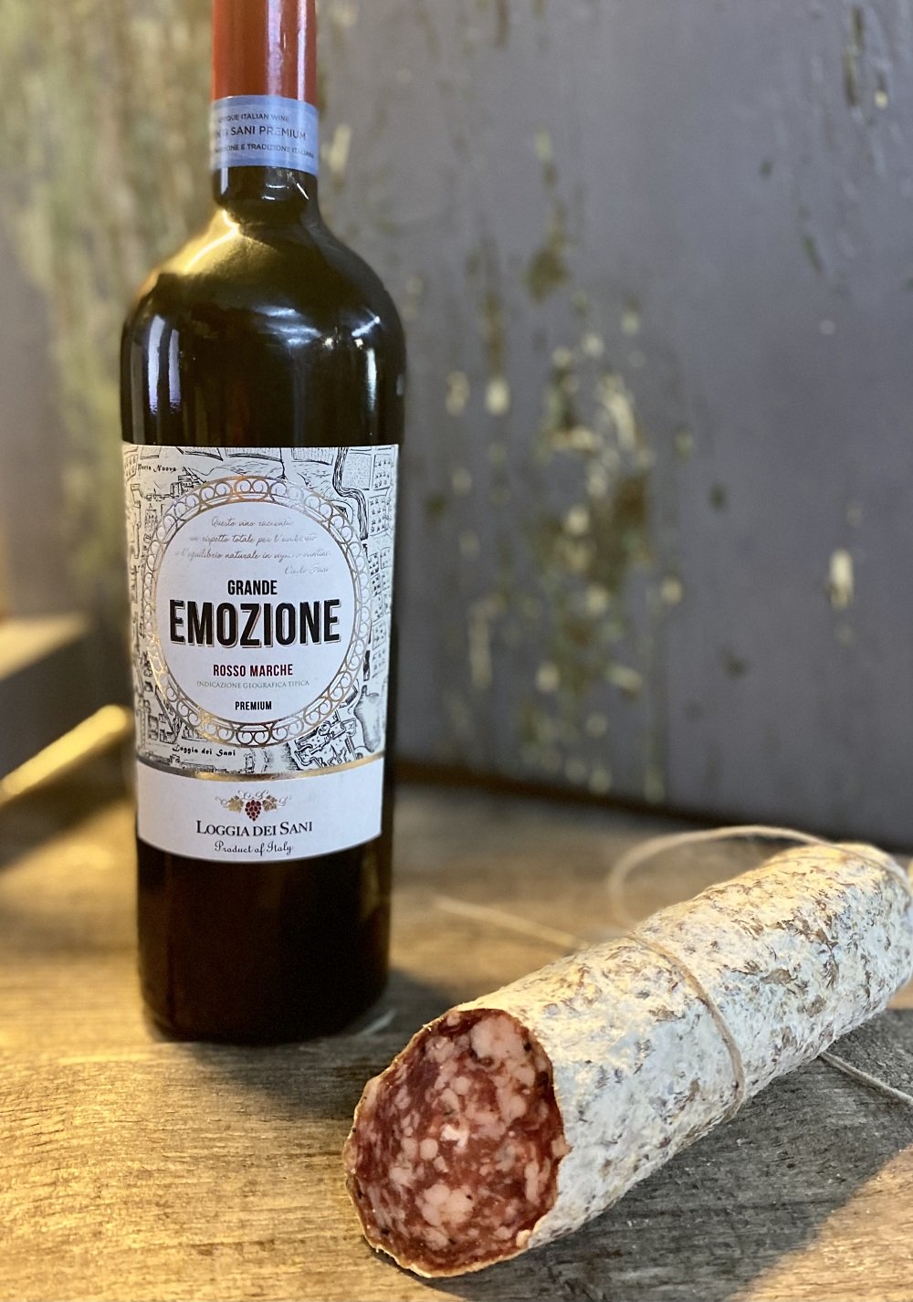 Set Rotwein&Trüffelsalami "Marche zu Genießen"  Wurst und Wein Spezialitäten aus Marken