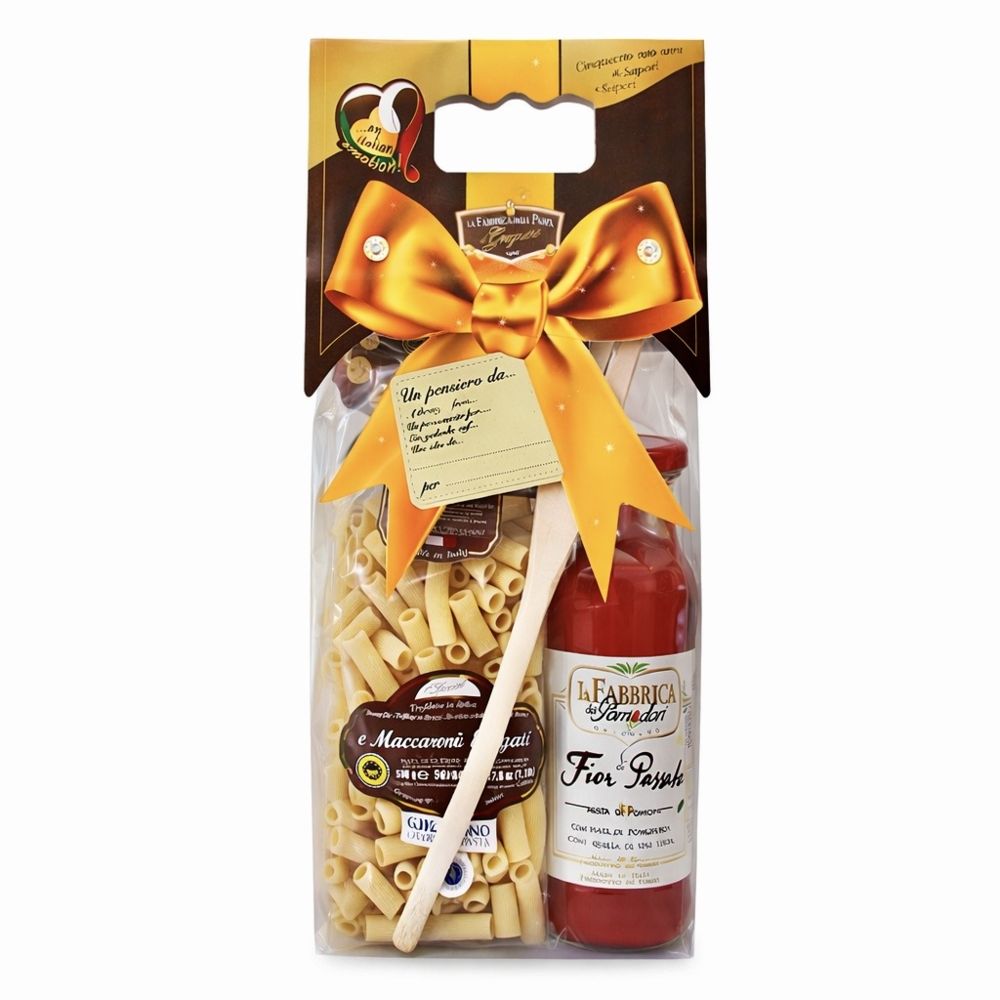 Pasta-Set Penne di Gragnano IGP mit Tomatensoße und Holzlöffel