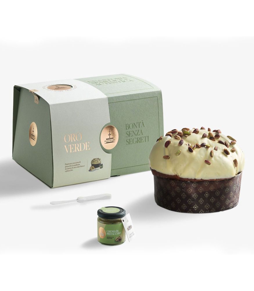 Fiasconaro Panettone Oro Verde 1kg + Crema Pistazien 180g + Messer